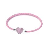 Rózsaszín fonott bőr charm karkötő szív alakú strasszos zárral