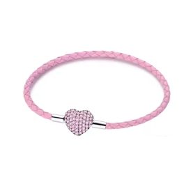   Rózsaszín fonott bőr charm karkötő szív alakú strasszos zárral
