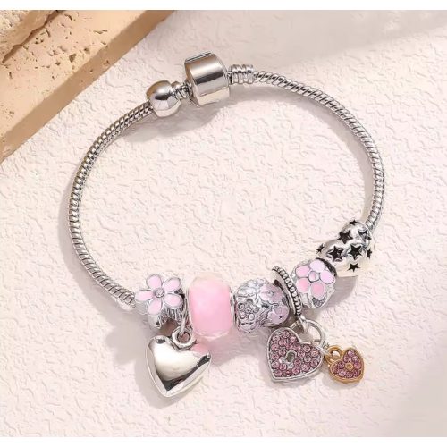 Pink Love charm karkötő – szívvel, virágokkal és csillagokkal