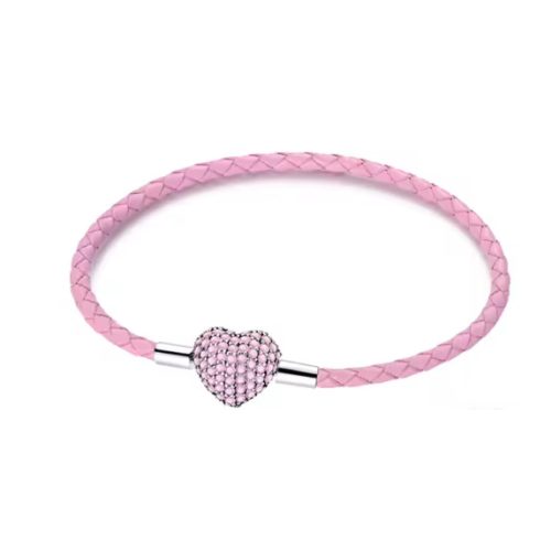 Rózsaszín fonott bőr charm karkötő szív alakú strasszos zárral
