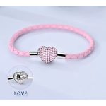 Rózsaszín fonott bőr charm karkötő szív alakú strasszos zárral