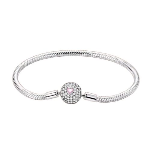 Ezüst charm karkötő -  szívkristályos kígyólánc karkötő cirkóniás gömb zárral