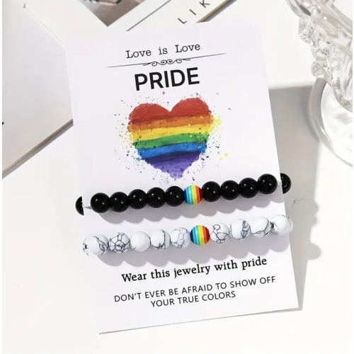 Love is Love – Pride páros ásványkarkötő szivárvány gyönggyel
