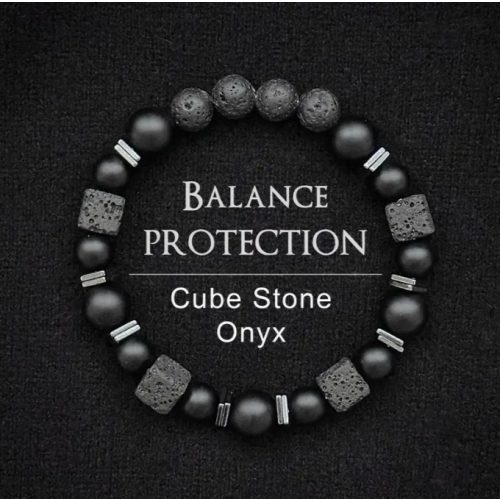 Férfi ásvány karkötő – Cube Stone & Onyx kövekkel, matt fekete
