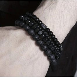   Fekete lávakő férfi karkötő szett – 4 részes gyöngy karkötő