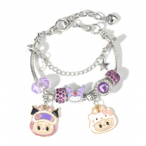 Labubu charm karkötő figurás medálokkal – lila árnyalatok
