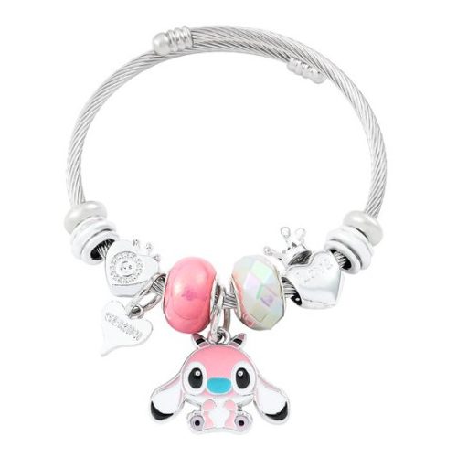 Stitch charm karkötő rózsaszín figurával és szíves charmokkal 