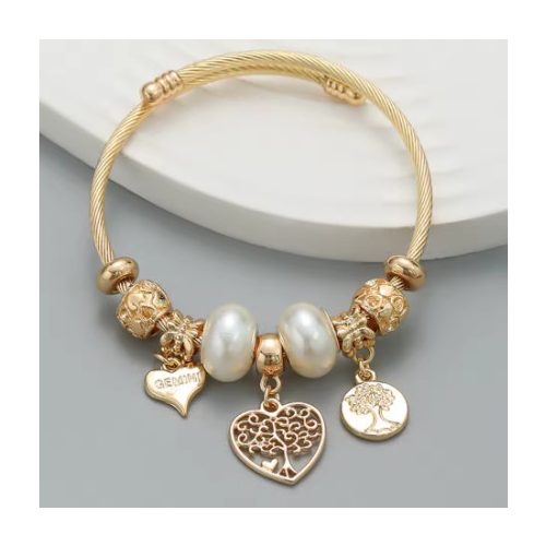 Gemini (Ikrek) arany tónusú charm karkötő gyöngyökkel – szív és életfa függőkkel