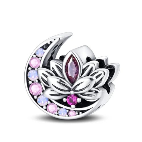 Ezüst „Holdfény virág” charm – pink és lila ragyogással cirkónia kővel