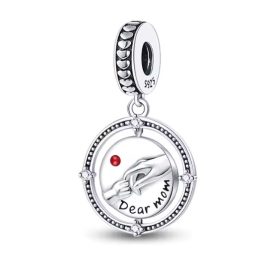   Ezüst függő charm „Dear Mom” felirattal – anya-gyermek kézmotívummal, forgatható üzenetes medállal