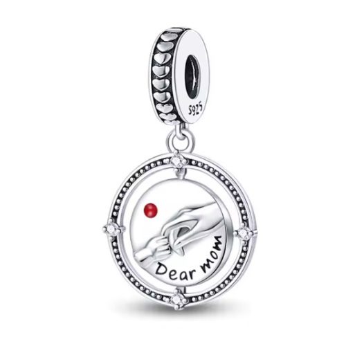 Ezüst függő charm „Dear Mom” felirattal – anya-gyermek kézmotívummal, forgatható üzenetes medállal