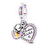 Ezüst anya-gyermek függő charm – szív medállal "Az Otthon ott van, ahol Anya"