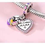 Ezüst anya-gyermek függő charm – szív medállal "Az Otthon ott van, ahol Anya"