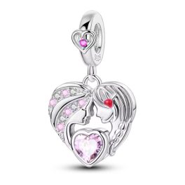   Ezüst függő charm – Anya és lánya szív alakban rózsaszín cirkóniával – Örök kötelék