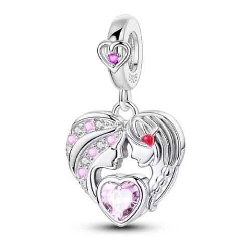 Ezüst függő charm – Anya és lánya szív alakban rózsaszín cirkóniával – Örök kötelék