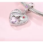 Ezüst függő charm – Anya és lánya szív alakban rózsaszín cirkóniával – Örök kötelék