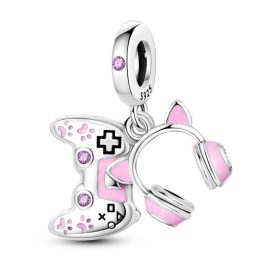   Gamer Girl – Ezüst függő charm kontrollerrel és fejhallgatóval
