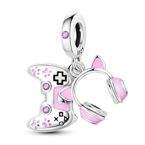 Gamer Girl – Ezüst függő charm kontrollerrel és fejhallgatóval