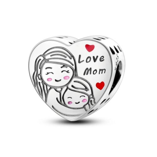 Ezüst szív charm anya és lánya motívummal – Love Mom