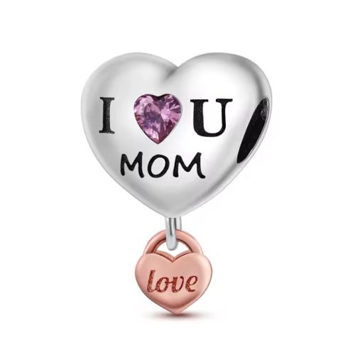 I love U Mom - ezüst szív charm szív formájú lakattal