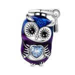 Ezüst diplomás bagoly charm szívkristállyal – Éjkék-lila átmenettel
