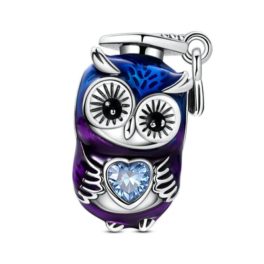   Ezüst diplomás bagoly charm szívkristállyal – Éjkék-lila átmenettel