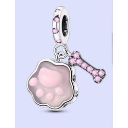   Ezüst függő charm rózsaszín tappancs és csont motívummal