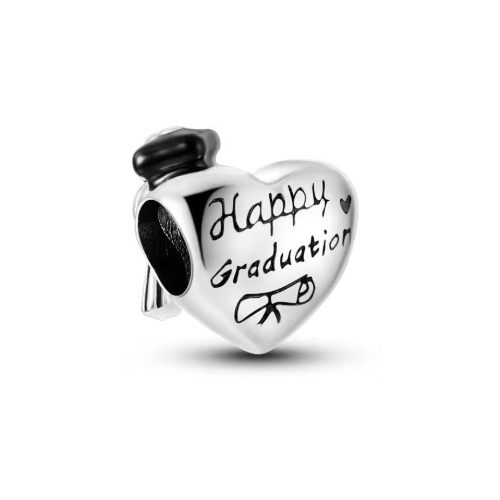 Ballagási gratuláció charm - szív charm „Happy Graduation” felirattal, diploma sapkával