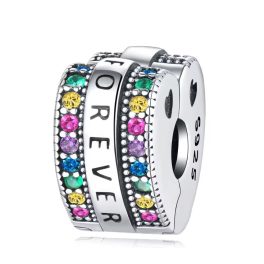   Ezüst szív alakú klip charm szivárványos kövekkel – Forever Rainbow - stopper