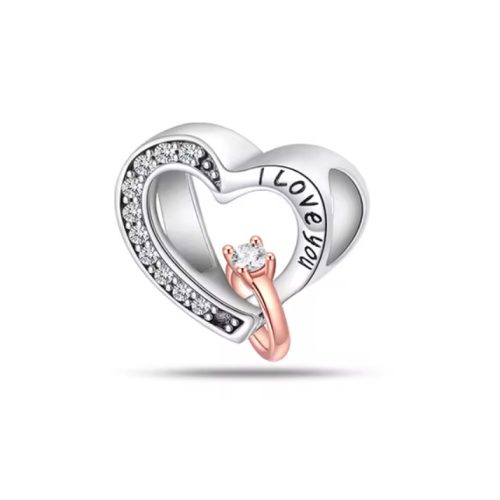 Ezüst szív charm "I love you felirattal," és rózsaarany színű gyűrűvel - Szerelmes szív