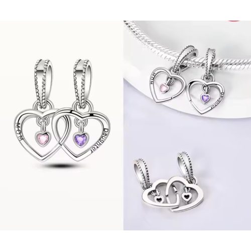 Anya–lánya összekapcsolódó ezüst szív charm 