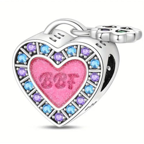 Ezüst szív lakat charm BFF felirattal és színes cirkóniákkal – Best Friends Forever