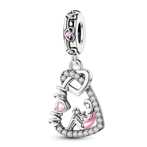 Ezüst szív függő charm MOM felirattal és anya–gyermek figurával – Örök kötelék