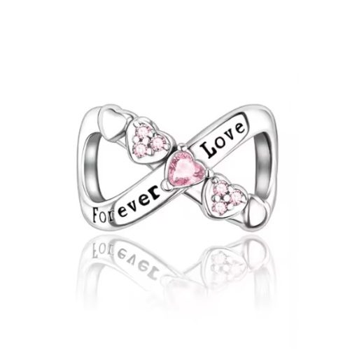 Ezüst végtelen szív charm „Forever Love” felirattal és rózsaszín cirkóniákkal – Örök szerelem