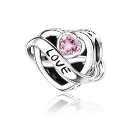   Ezüst végtelen szív charm kétoldalas „LOVE” és „Forever” felirattal, rózsaszín szívkővel – Örök szerelem