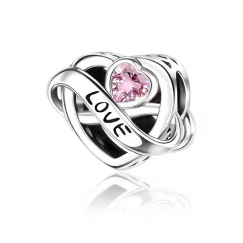 Ezüst végtelen szív charm kétoldalas „LOVE” és „Forever” felirattal, rózsaszín szívkővel – Örök szerelem