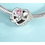 Ezüst végtelen szív charm kétoldalas „LOVE” és „Forever” felirattal, rózsaszín szívkővel – Örök szerelem