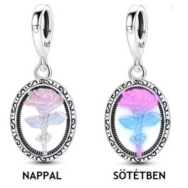   Ezüst függő charm világító rózsával, ovális keretben – Glow Rose