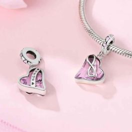   Ezüst függő szív charm „Mama” és „LOVE” felirattal, rózsaszín kristállyal – Szeretlek Mama