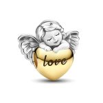 Ezüst angyal szív charm arany színű szívvel és „Love” felirattal – Angyali oltalom