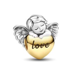   Ezüst angyal szív charm arany színű szívvel és „Love” felirattal – Angyali oltalom