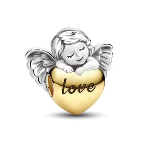 Ezüst angyal szív charm arany színű szívvel és „Love” felirattal – Angyali oltalom