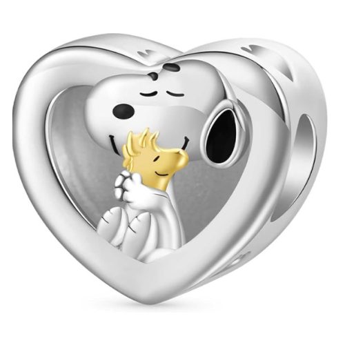Snoopy és Woodstock ezüst szív charm