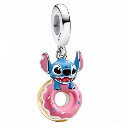 Stitch függő charm rózsaszín fánkkal - ezüst