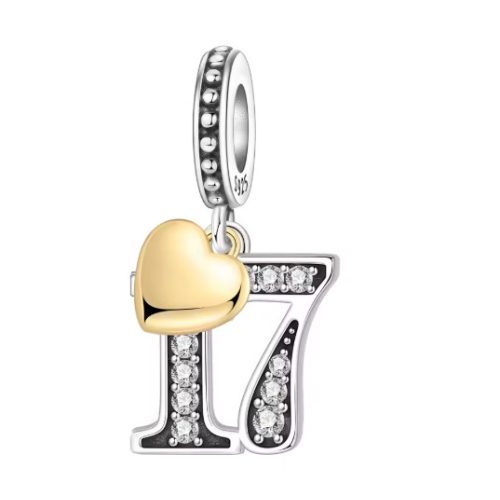 Ezüst 17-es születésnapi függő charm arany szívvel