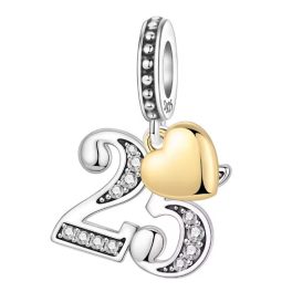 Ezüst 25-ös születésnapi függő charm arany szívvel