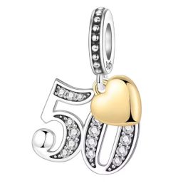 Ezüst 50-es születésnapi függő charm arany szívvel