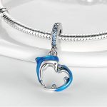 Ezüst delfines szív függő charm kék zománccal