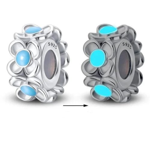 Világító ezüst stopper charm - türkizkék betétekkel