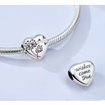 Pitypang szív ezüst charm – „Wishes Come True” kívánság felirattal